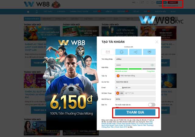 Hướng Dẫn Đăng Ký W88 An Toàn - Nhận Ngay 90K Miễn Phí Cực Đã 2026 2 Biểu mẫu điền thông tin đăng ký tài khoản W88 chính xác nhất